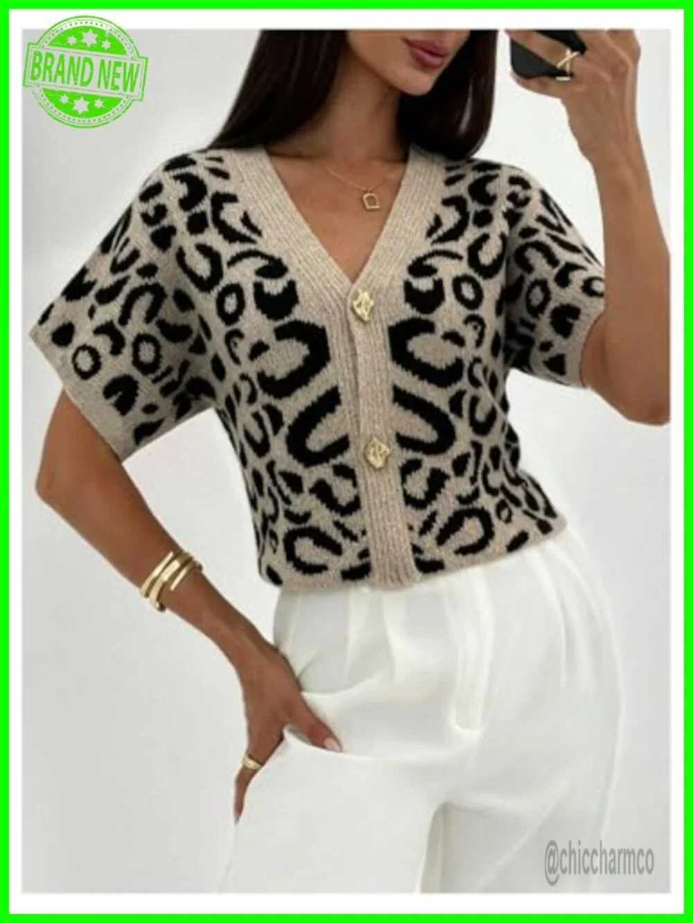 Leopard Print Short Sleeve Cardigan V Neck Knit Button Up Sweater